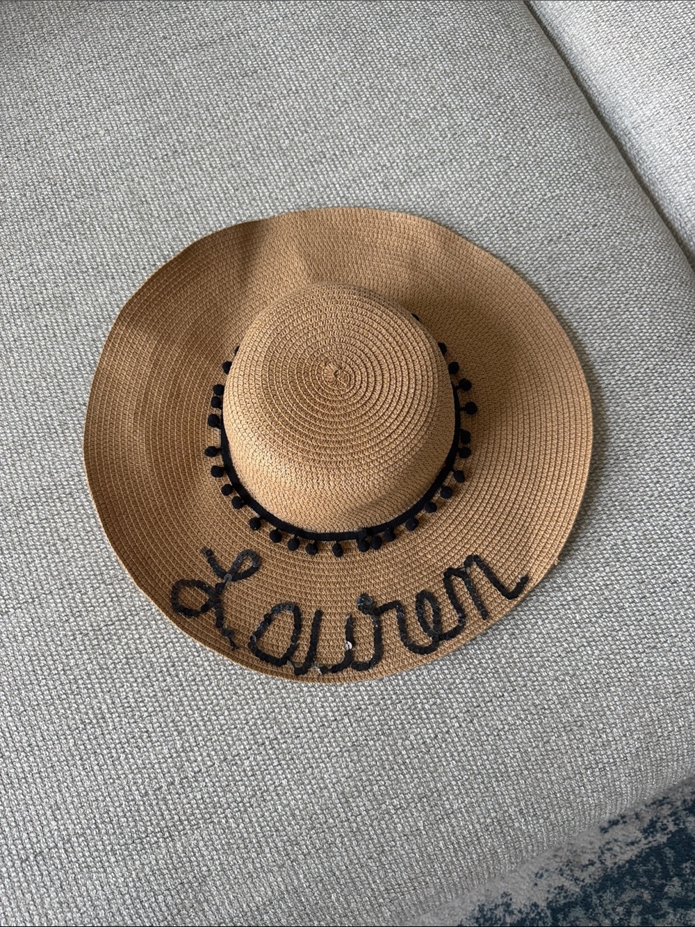 Personalized Wide Brim Straw Sun Hat with Black Trim